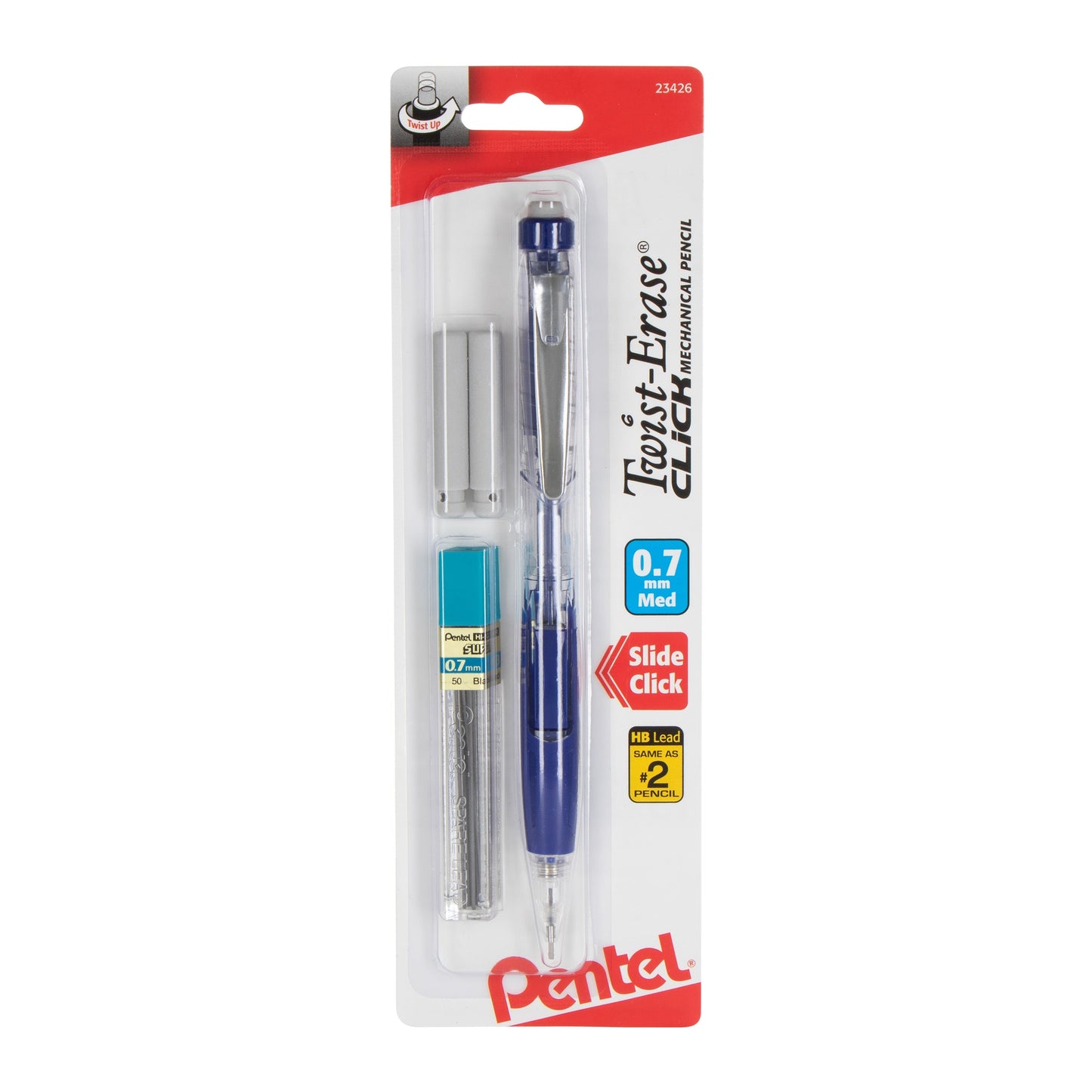 Pentel Twist-Erase CLICK Mechanical Pencil, (0.7mm) Clear Barrel, Asst Grip Colors
with Lead and (2) Erasers, 1-pk Carded (PD277TLEBP)