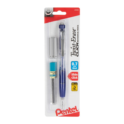 Pentel Twist-Erase CLICK Mechanical Pencil, (0.7mm) Clear Barrel, Asst Grip Colors
with Lead and (2) Erasers, 1-pk Carded (PD277TLEBP)