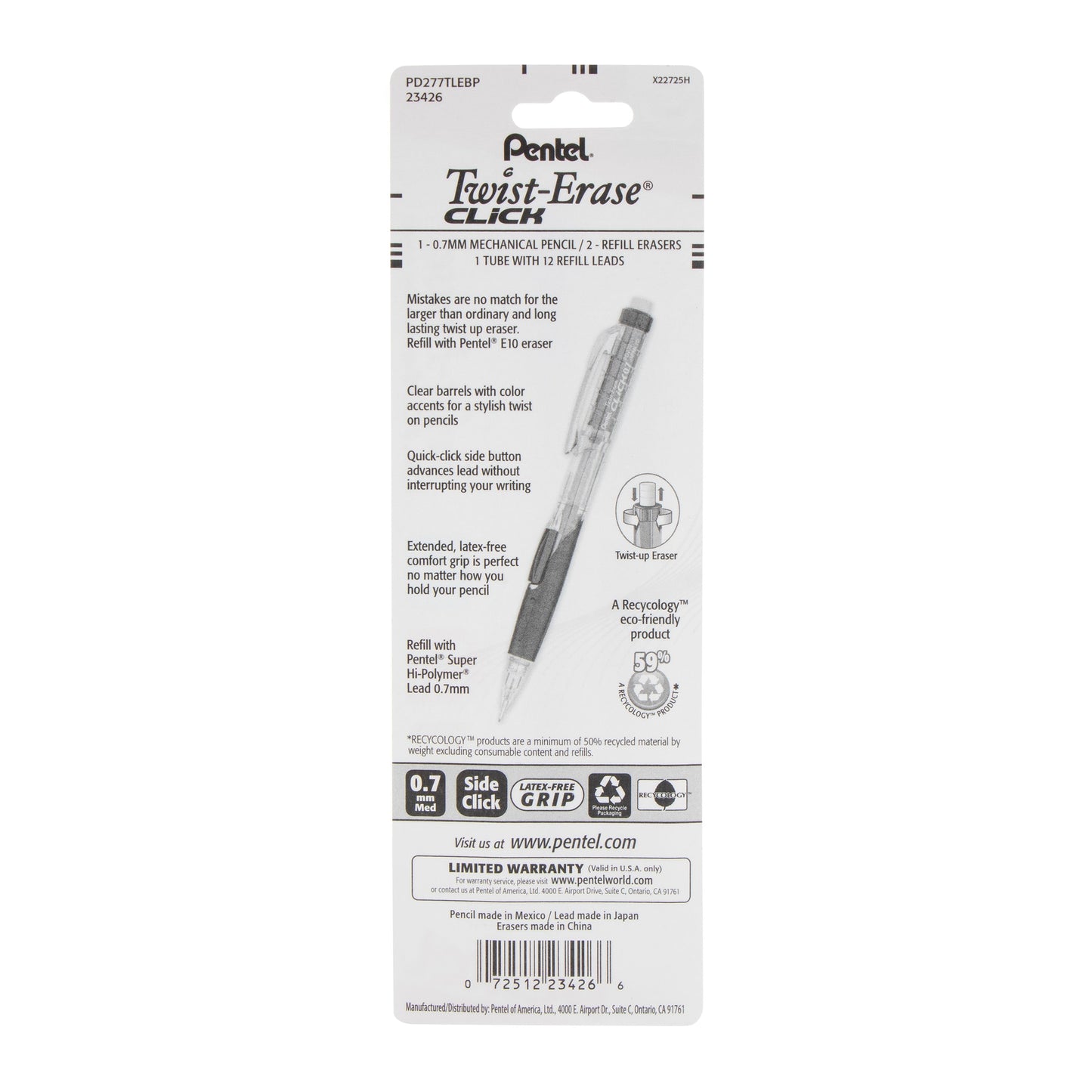 Pentel Twist-Erase CLICK Mechanical Pencil, (0.7mm) Clear Barrel, Asst Grip Colors
with Lead and (2) Erasers, 1-pk Carded (PD277TLEBP)
