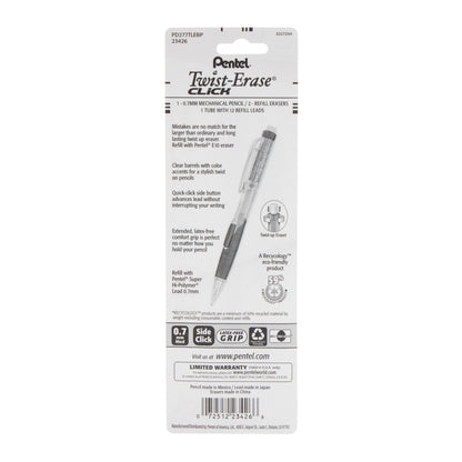 Pentel Twist-Erase CLICK Mechanical Pencil, (0.7mm) Clear Barrel, Asst Grip Colors
with Lead and (2) Erasers, 1-pk Carded (PD277TLEBP)