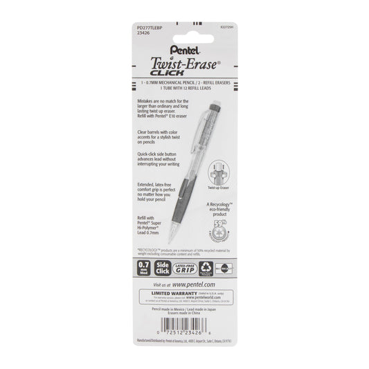 Pentel Twist-Erase CLICK Mechanical Pencil, (0.7mm) Clear Barrel, Asst Grip Colors
with Lead and (2) Erasers, 1-pk Carded (PD277TLEBP), 144 Each
