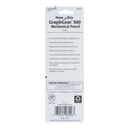 Pentel Arts GraphGear 300 Mechanical Pencil, (0.5mm) Fine line, 1-Pack, Black Barrel (PG315APABP)