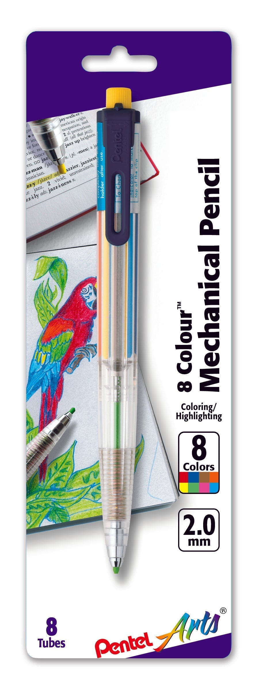 Pentel Arts 8 Color Mechanical Pencil (2.0mm), Assorted Accent Clip Colors 1-Pk (PH158BP)