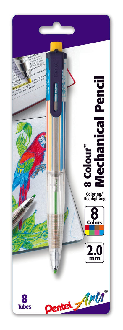 Pentel Arts 8 Color Mechanical Pencil (2.0mm), Assorted Accent Clip Colors 1-Pk (PH158BP)