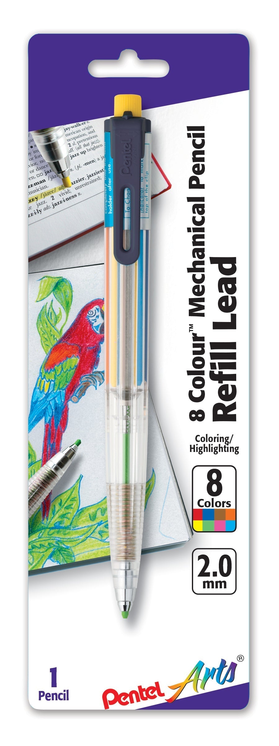 Pentel Arts 8 Color Mechanical Pencil (2.0mm), Assorted Accent Clip Colors 1-Pk (PH158BP)