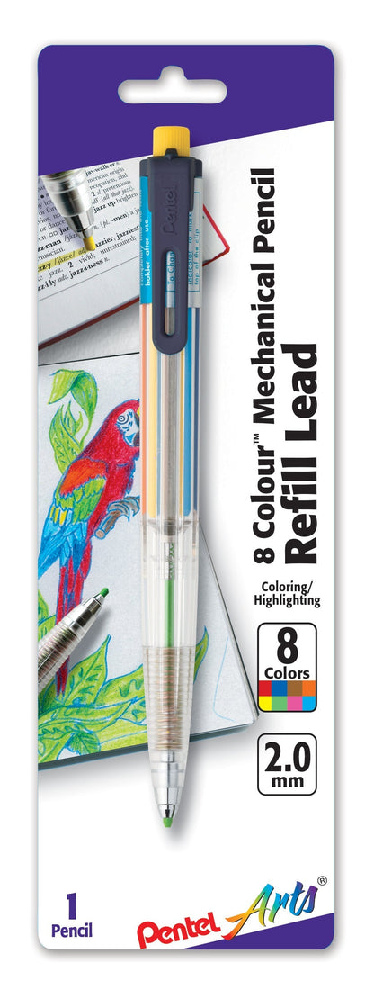 Pentel Arts 8 Color Mechanical Pencil (2.0mm), Assorted Accent Clip Colors 1-Pk (PH158BP)