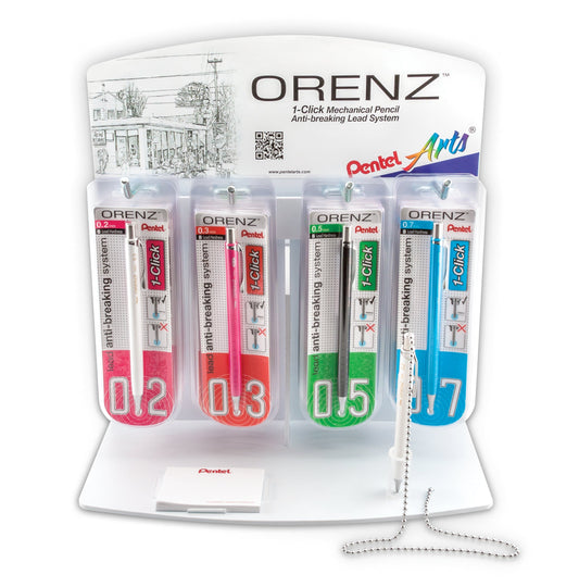 Pentel Arts ORENZ 1-Click Mechanical Pencil (0.2mm/0.3mm/0.5mm/0.7mm), Open Stock Display - 24 Pieces (PP500-24)