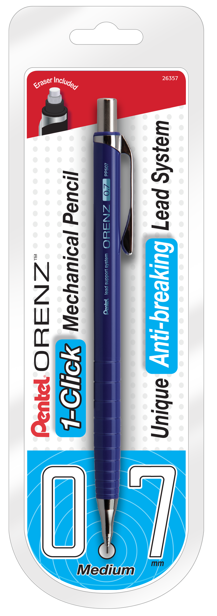 ORENZ 1-Click Mehcanical Pencil 0.7mm, Blue Barrel, 1pk, Red Card (PP507BP)
