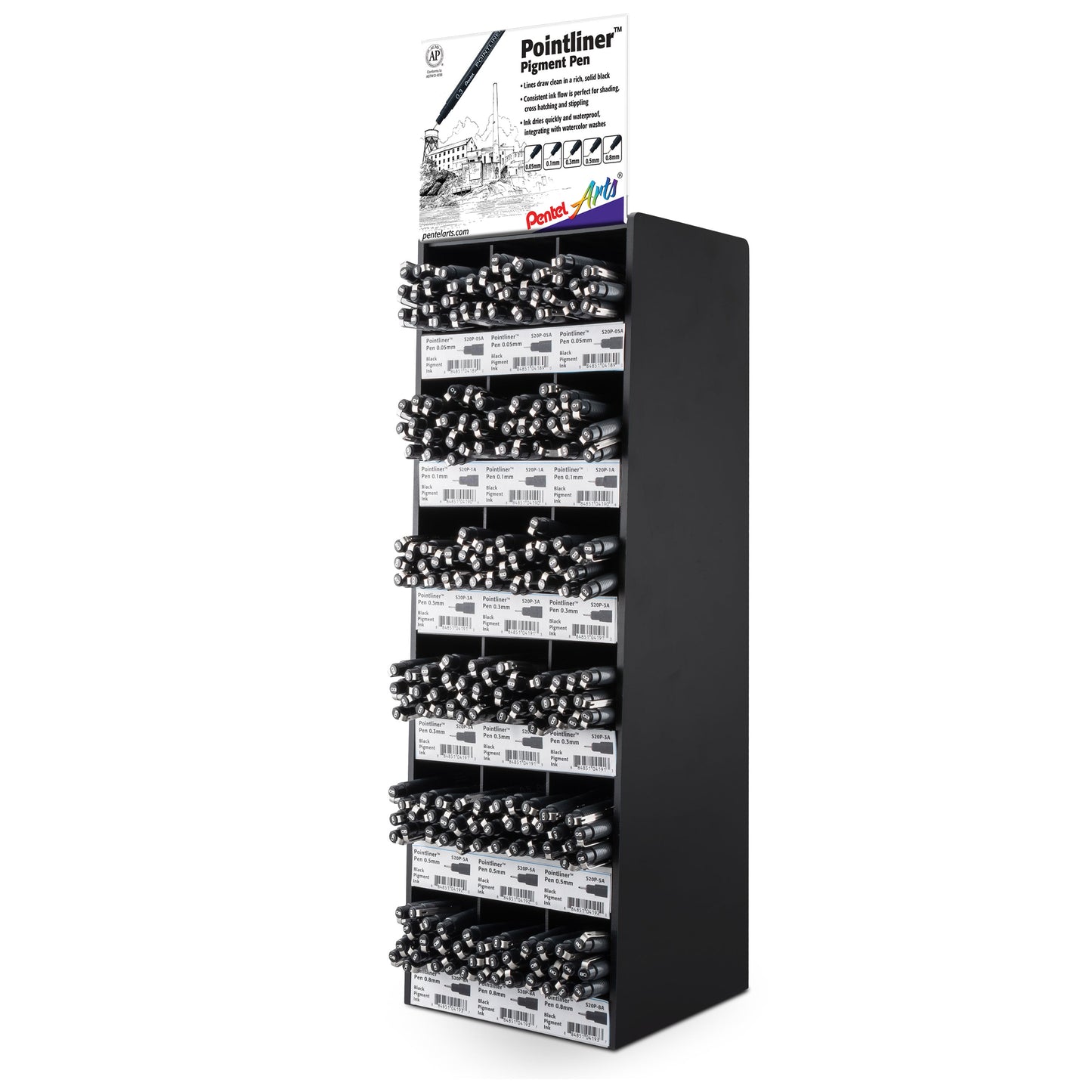 Pentel Arts Pointliner Pen Tower Display - 216 Pieces (S20P-216)