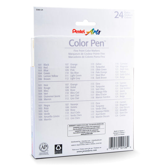 Pentel Arts Color Pen 24-Color Set (S360-24), 24 Each