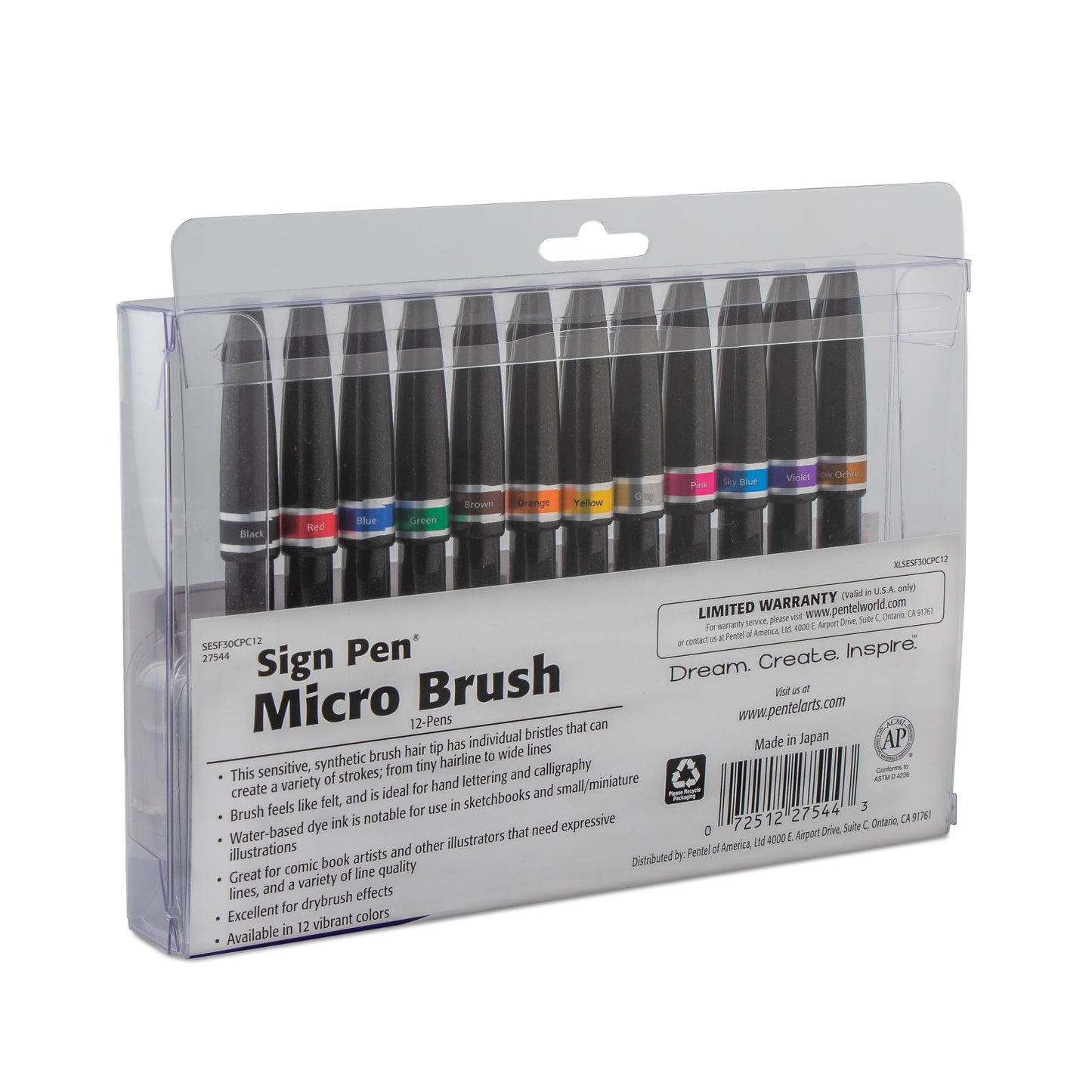 Pentel Arts Sign Pen Micro Brush Tip, Assorted Colors (A/B/C/D/E/F/G/N/P/S/V/Y), 12-pk Plastic Box (SESF30CPC12)