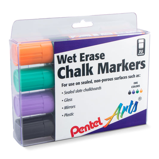 Pentel Arts Wet Erase Chalk Marker Set, Jumbo Tip, Assorted (ADFV) 4-Pk Plastic BOX (SMW56PC4M1)