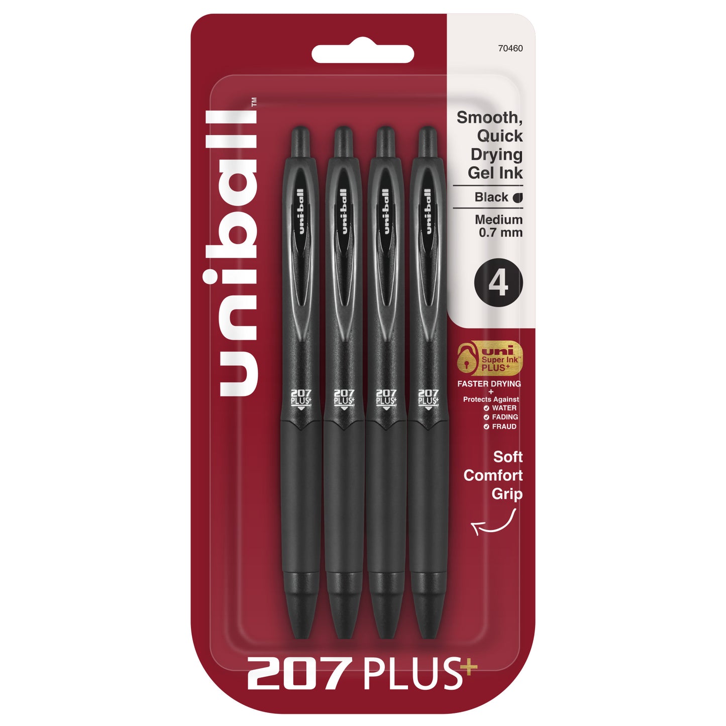 uniball™ 207 Plus+ Retractable Gel Pens, Medium Point (0.7mm), Black, 4 Pack