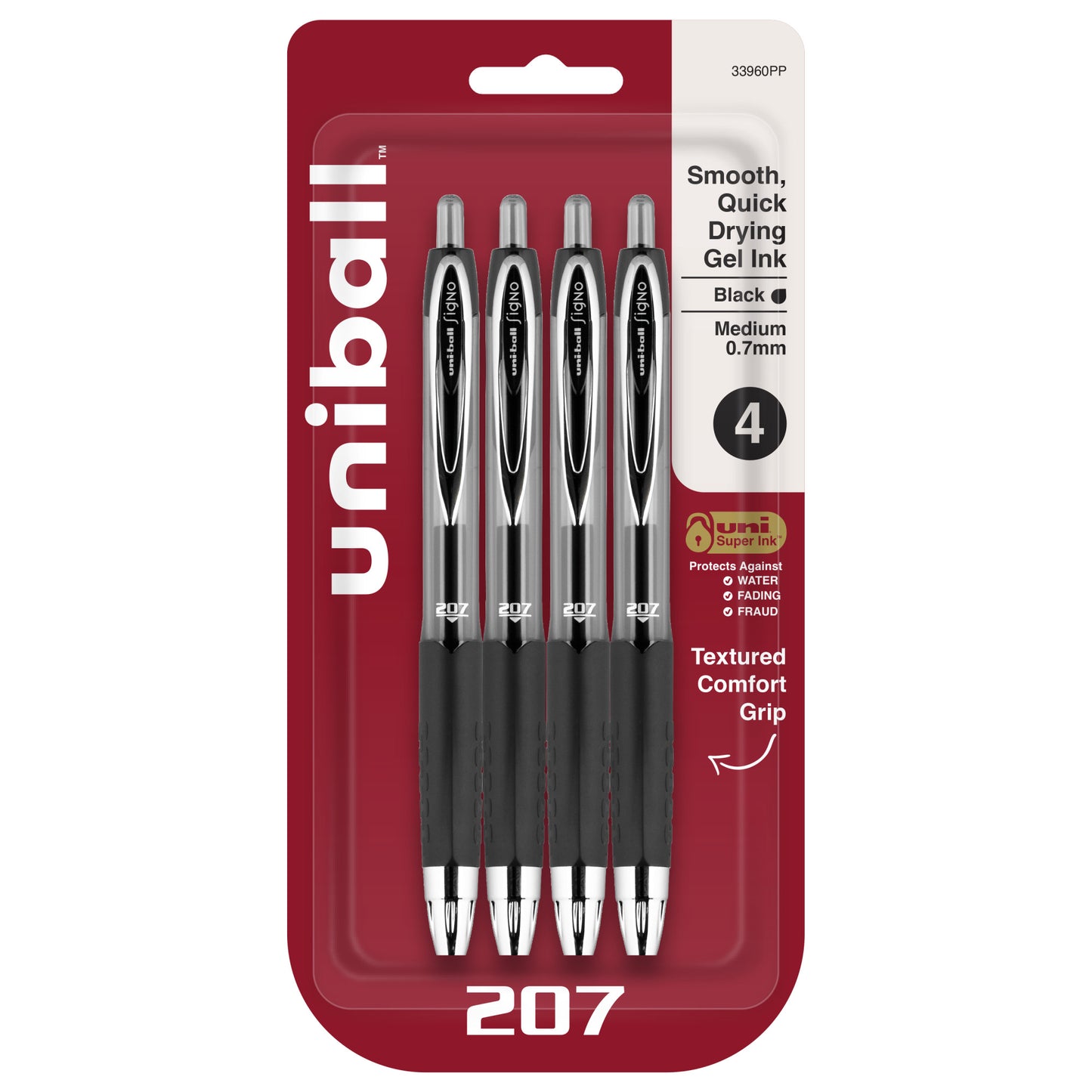 uniball™ 207 Retractable Gel Pens, Medium Point (0.7mm), Black, 4 Pack