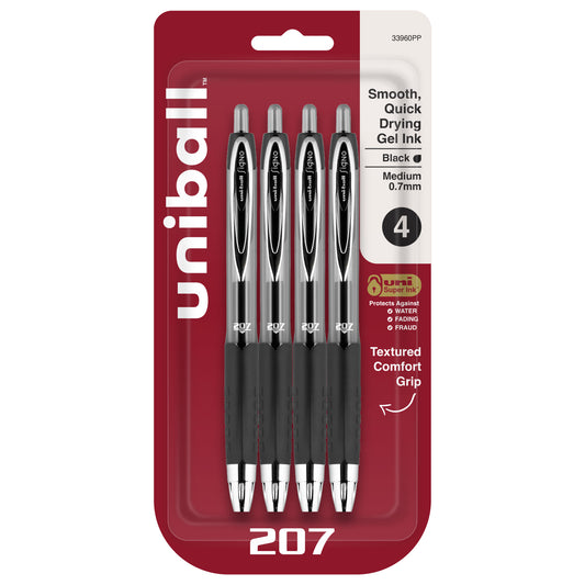uniball™ 207 Retractable Gel Pens, Medium Point (0.7mm), Black, 4 Pack