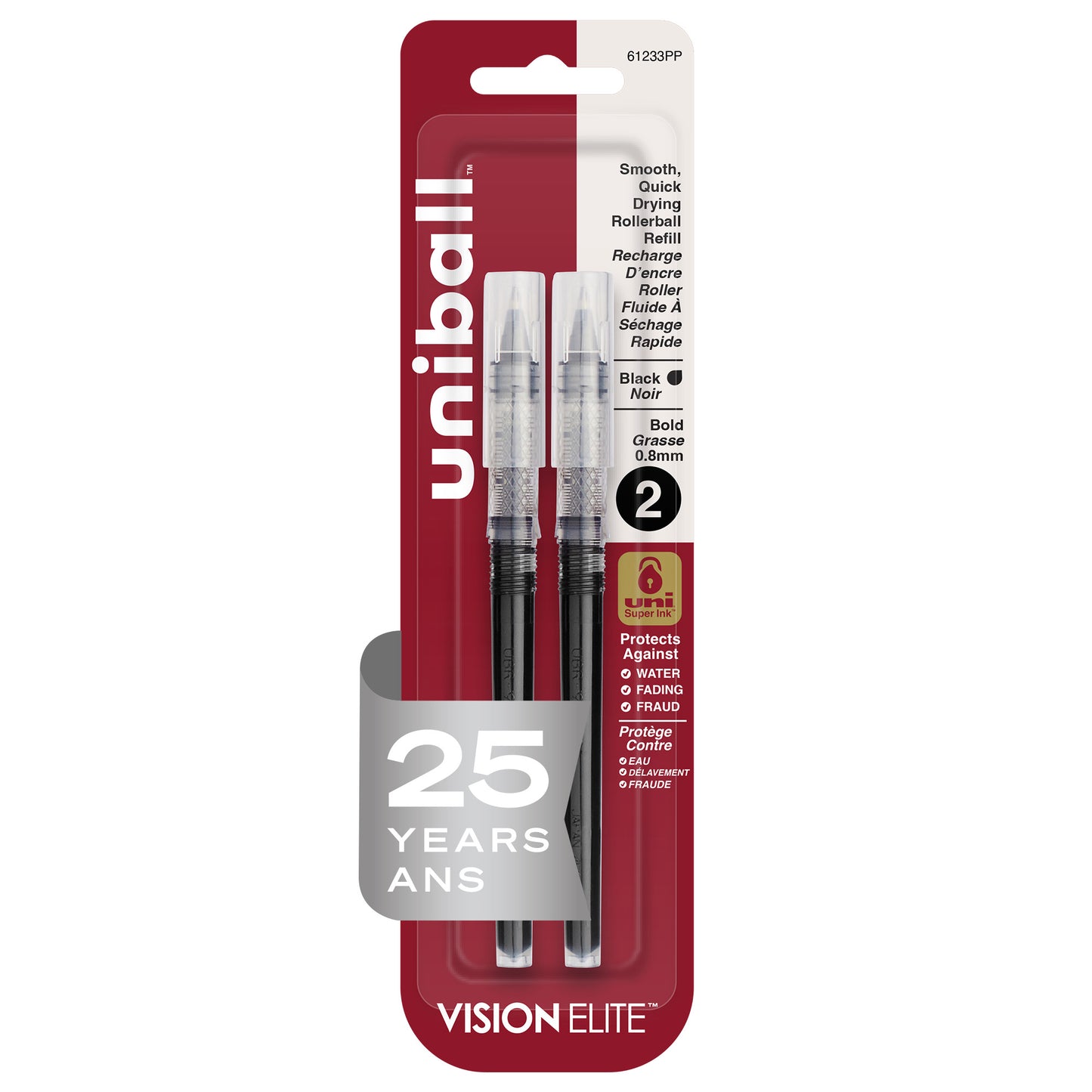 uniball™ Vision Elite Rollerball Pen Refills, Bold Point (0.8mm), Black, 2 Pack