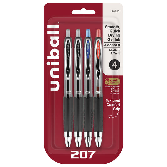uniball™ 207 Retractable Gel Pens, Medium Point (0.7mm), Assorted, 4 Pack