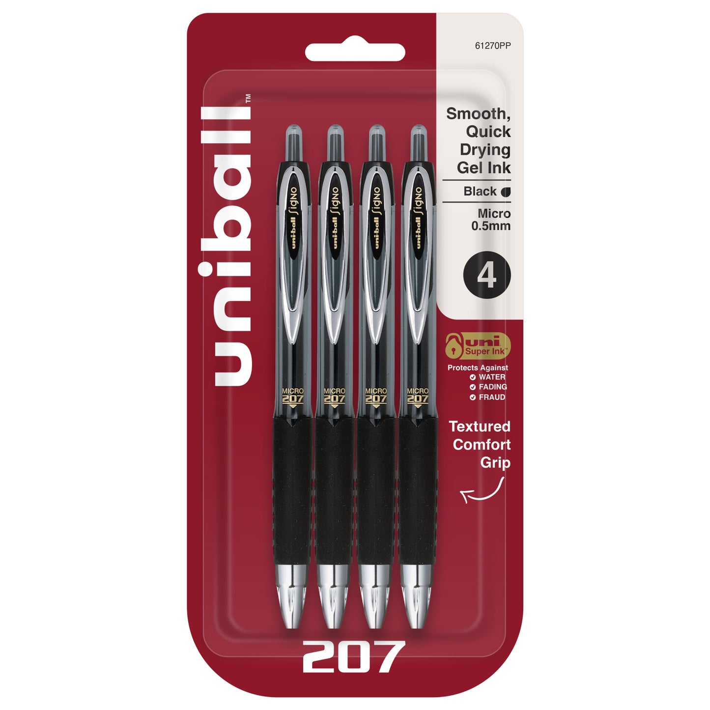 uniball™ 207 Retractable Gel Pens, Micro Point (0.5mm), Black, 4 Pack
