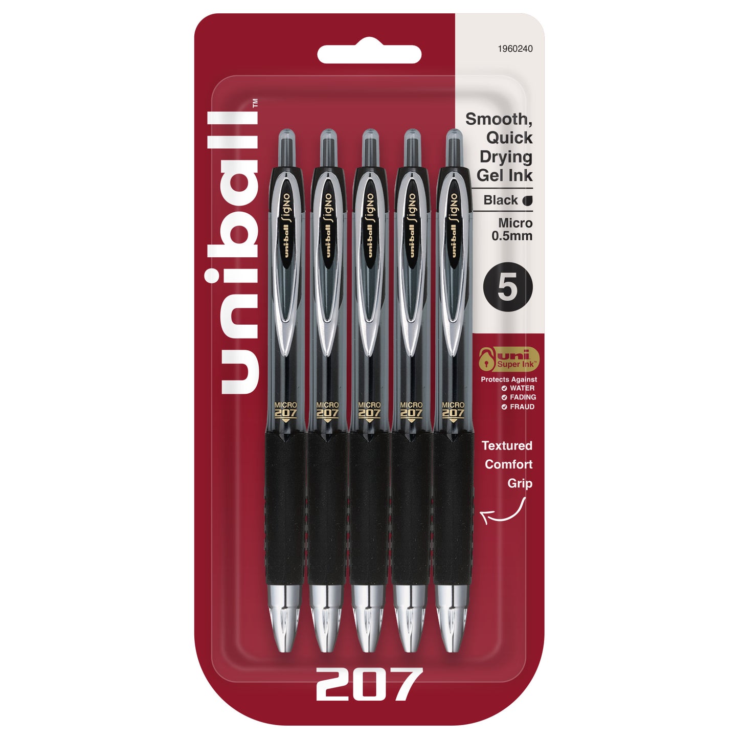 uniball™ 207 Retractable Gel Pens, Micro Point (0.5mm), Black, 5 Pack