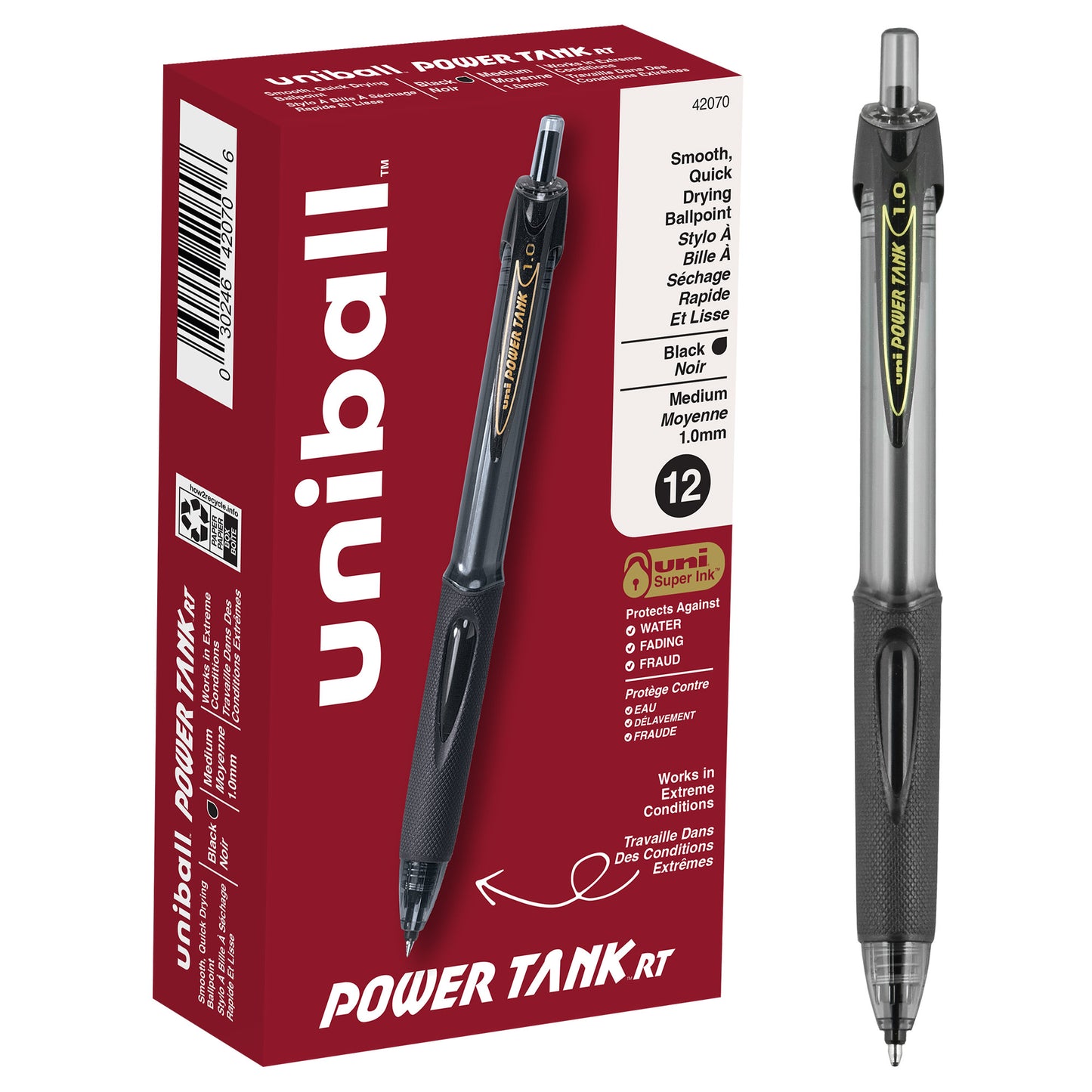 uniball™ Power Tank RT Ballpoint Pens, Medium Point (1.0mm), Black, 12 Pack