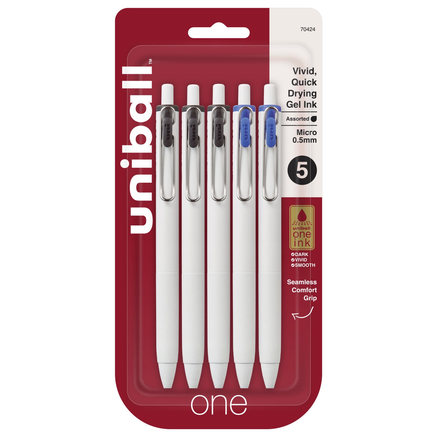 uniball™ one Retractable Gel Pens, Micro Point (0.5mm), Black & Blue Ink, 5 Pack