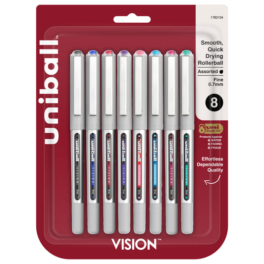 uniball™ Vision Rollerball Pens, Fine Point (0.7mm), Assorted Colors, 8 Pack