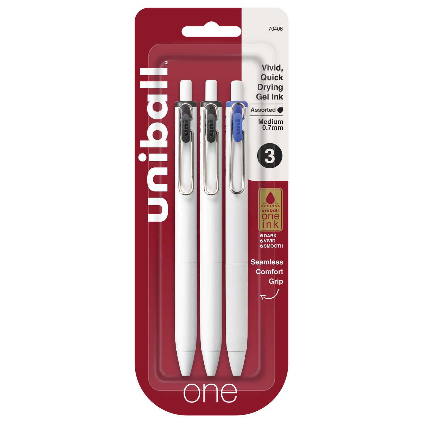 uniball™ one Retractable Gel Pens, Medium Point (0.7mm), Assorted Ink, 3 Pack
