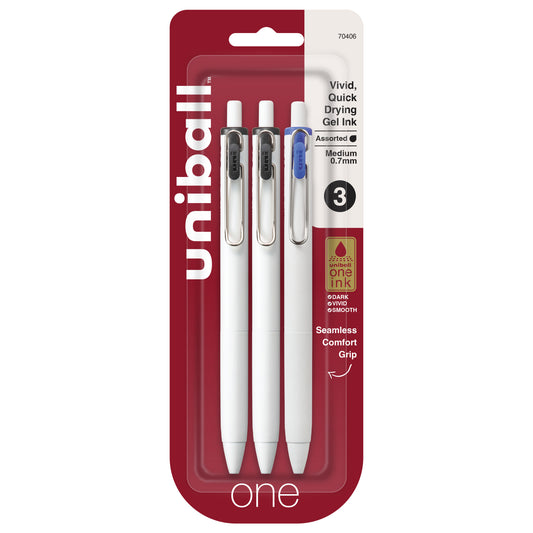 uniball™ one Retractable Gel Pens, Medium Point (0.7mm), Assorted Ink, 3 Pack