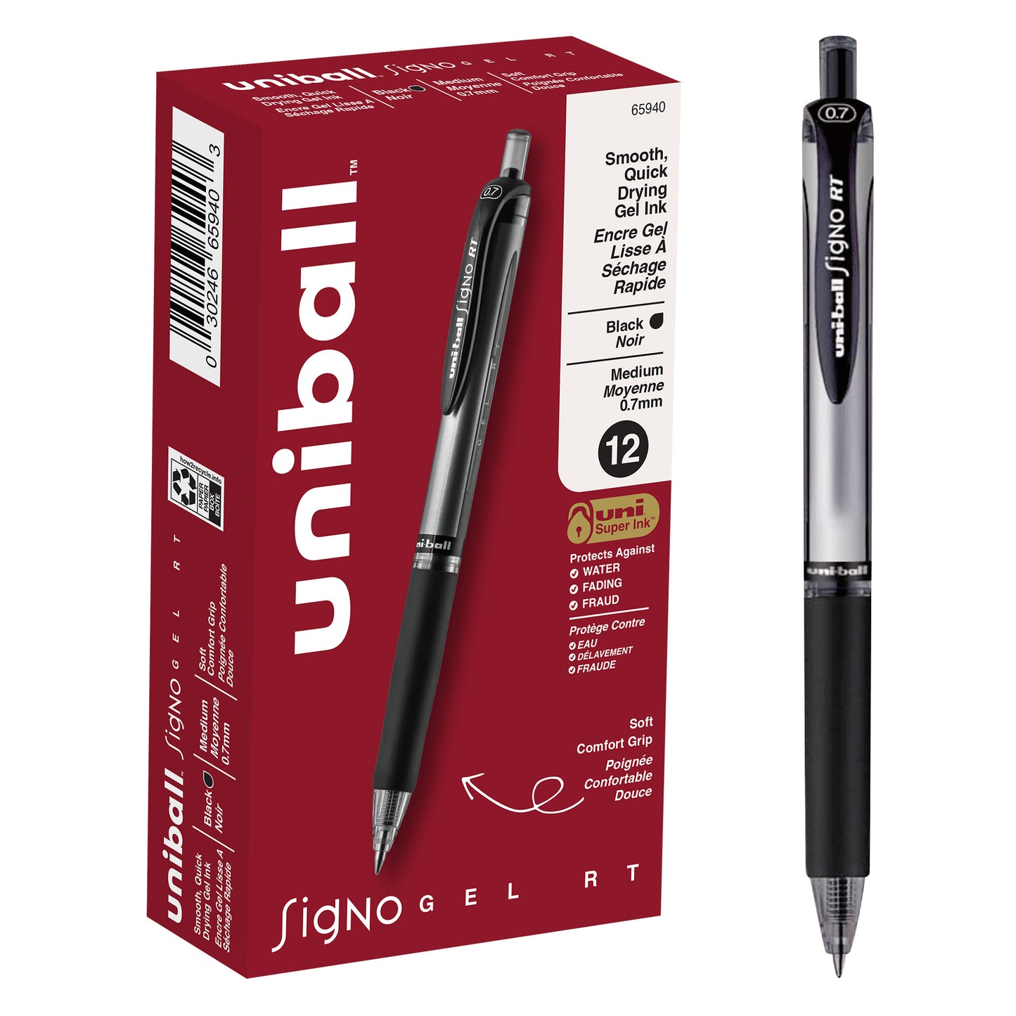uniball™ Signo RT Gel Pens, Medium Point (0.7mm), Black, 12 Pack