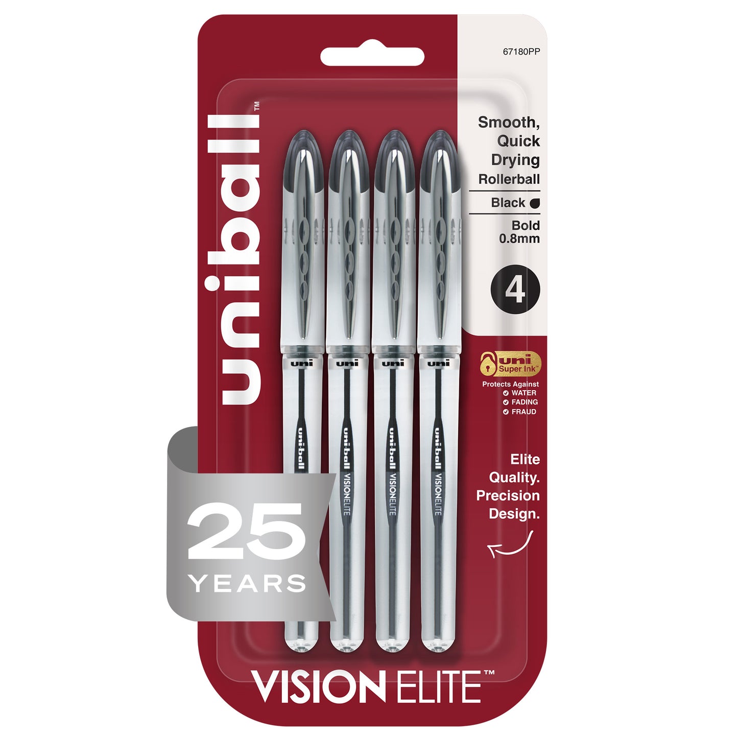 uniball™ Vision Elite Rollerball Pens, Bold Point (0.8mm), Black, 4 Pack