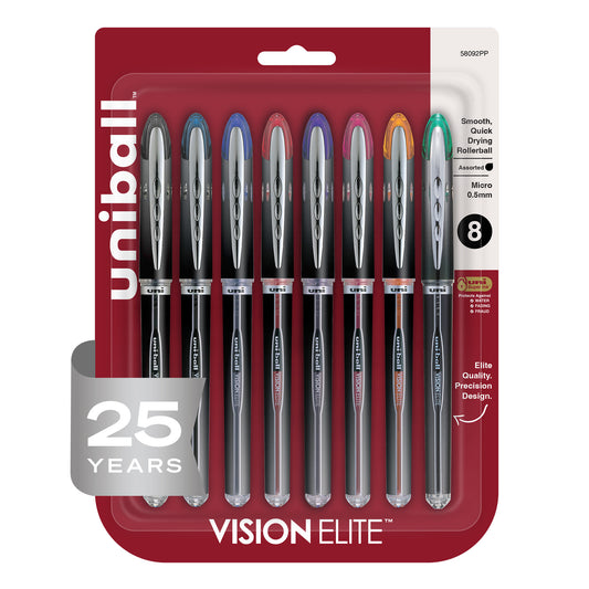 uniball™ Vision Elite Rollerball Pens, Micro Point (0.5mm), Assorted Colors, 8 Pack