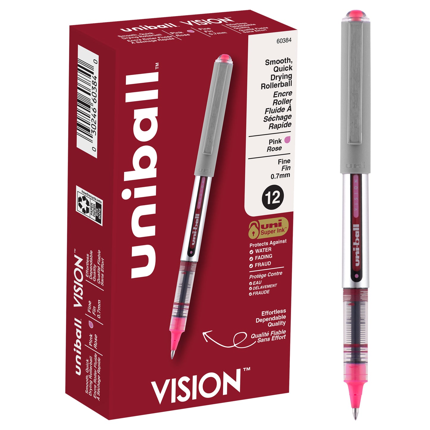uniball™ Vision Designer Rollerball Pens, Fine Point (0.7mm), Pink, 12 Pack