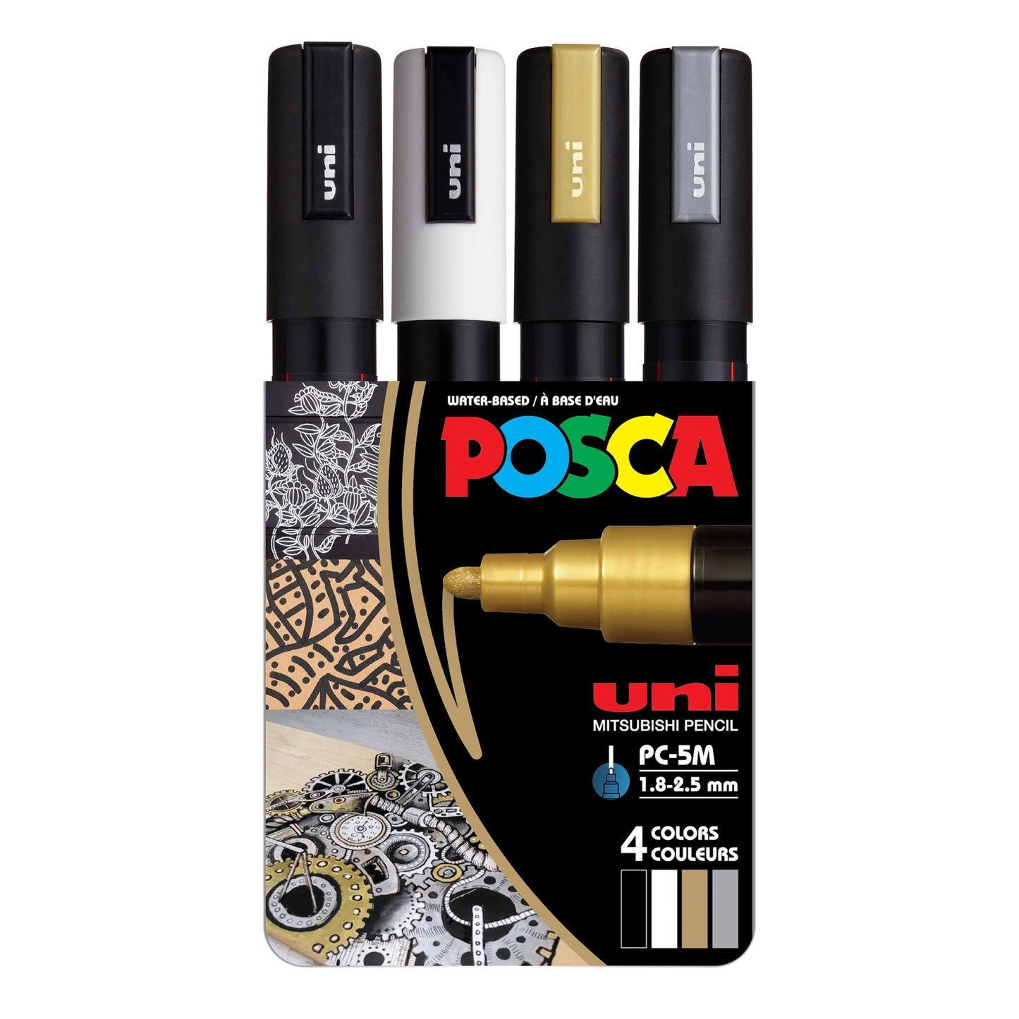 uni® POSCA PC-5M Water-Based Paint Markers, Reversible Medium Tip (1.8-2.5mm), Assorted Colors, 4 Pack