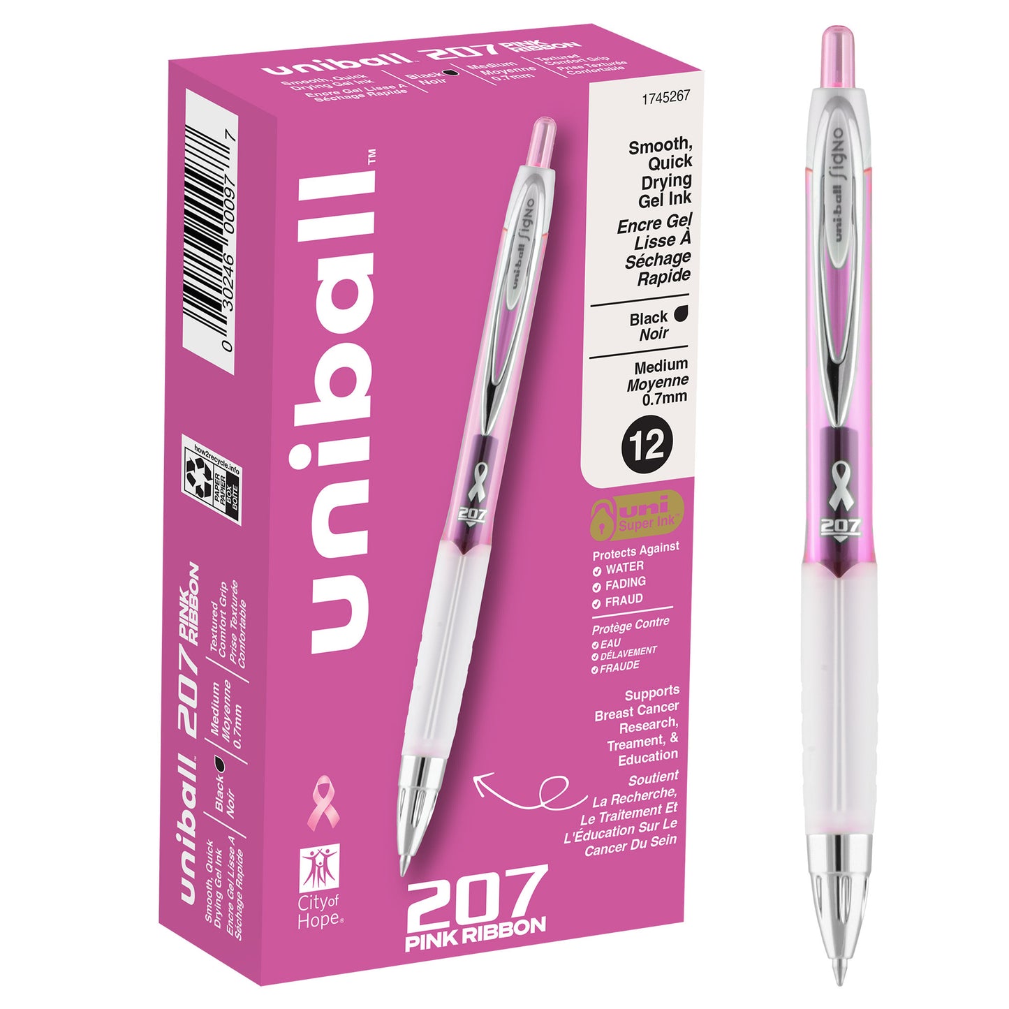 uniball™ 207 Pink Ribbon Retractable Gel Pens, Medium Point (0.7mm), Black, 12 Pack