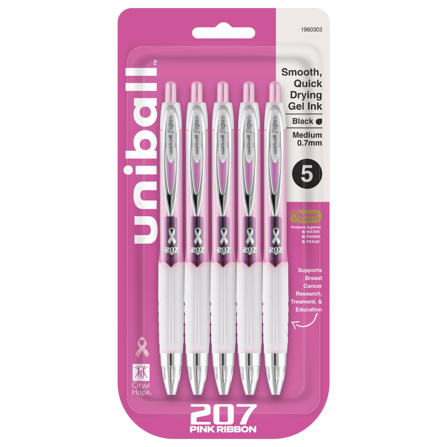 uniball™ 207 Pink Ribbon Retractable Gel Pens, Medium Point (0.7mm), Black, 5 Pack