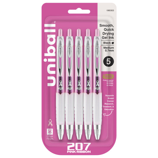 uniball™ 207 Pink Ribbon Retractable Gel Pens, Medium Point (0.7mm), Black, 5 Pack