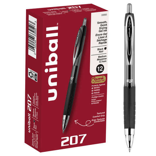 uniball™ 207 Retractable Gel Pens, Medium Point (0.7mm), Black, 12 Pack