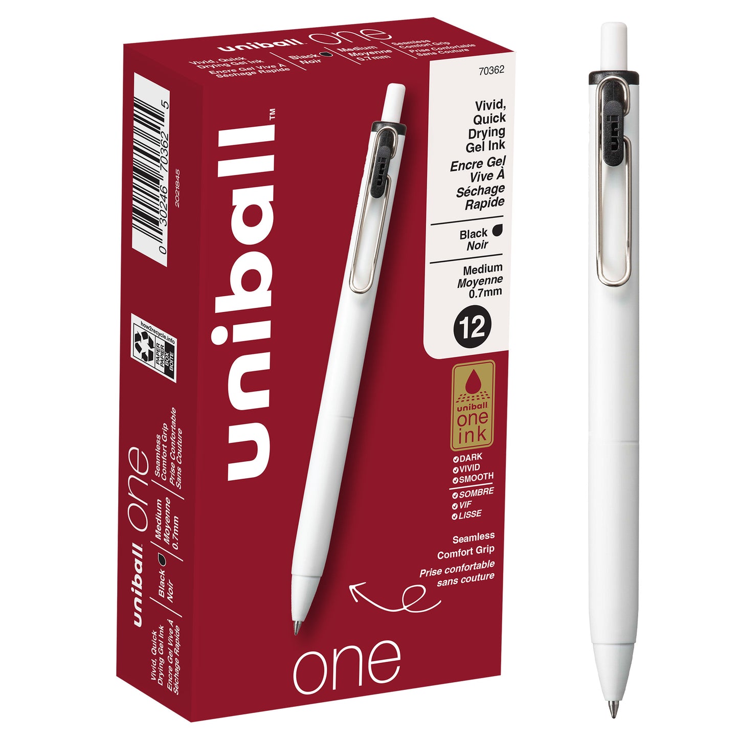 uniball™ one Retractable Gel Pens, Medium Point (0.7mm), Black Ink, 12 Pack