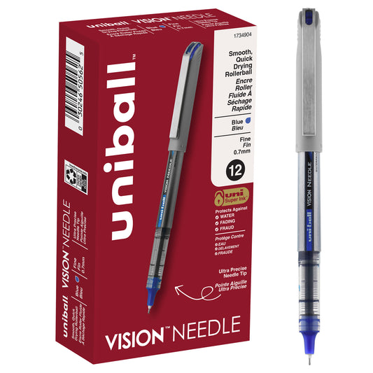 uniball™ Vision Needle Rollerball Pens, Fine Point (0.7mm), Blue, 12 Pack