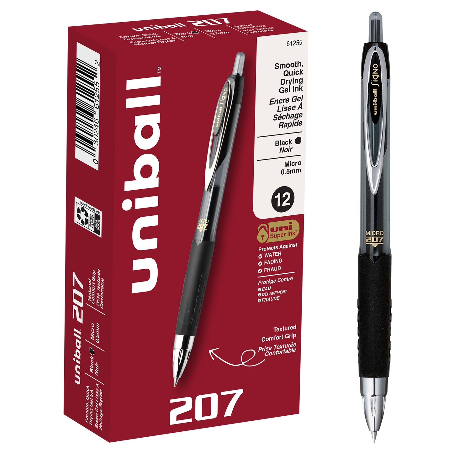 uniball™ 207 Retractable Gel Pens, Micro Point (0.5mm), Black, 12 Pack