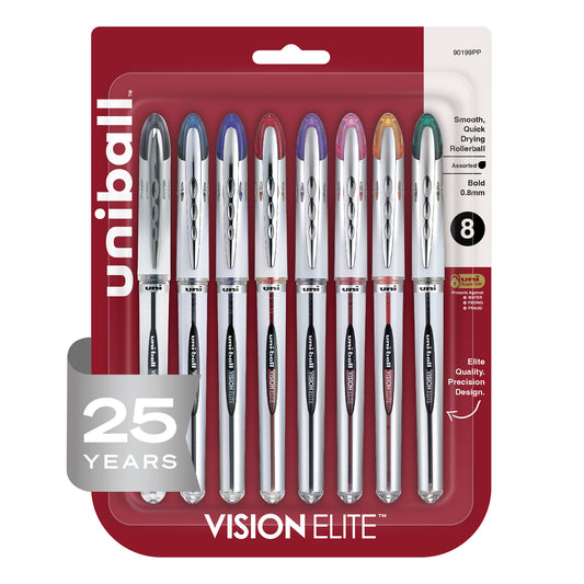 uniball™ Vision Elite Rollerball Pens, Bold Point (0.8mm), Assorted Colors, 8 Pack