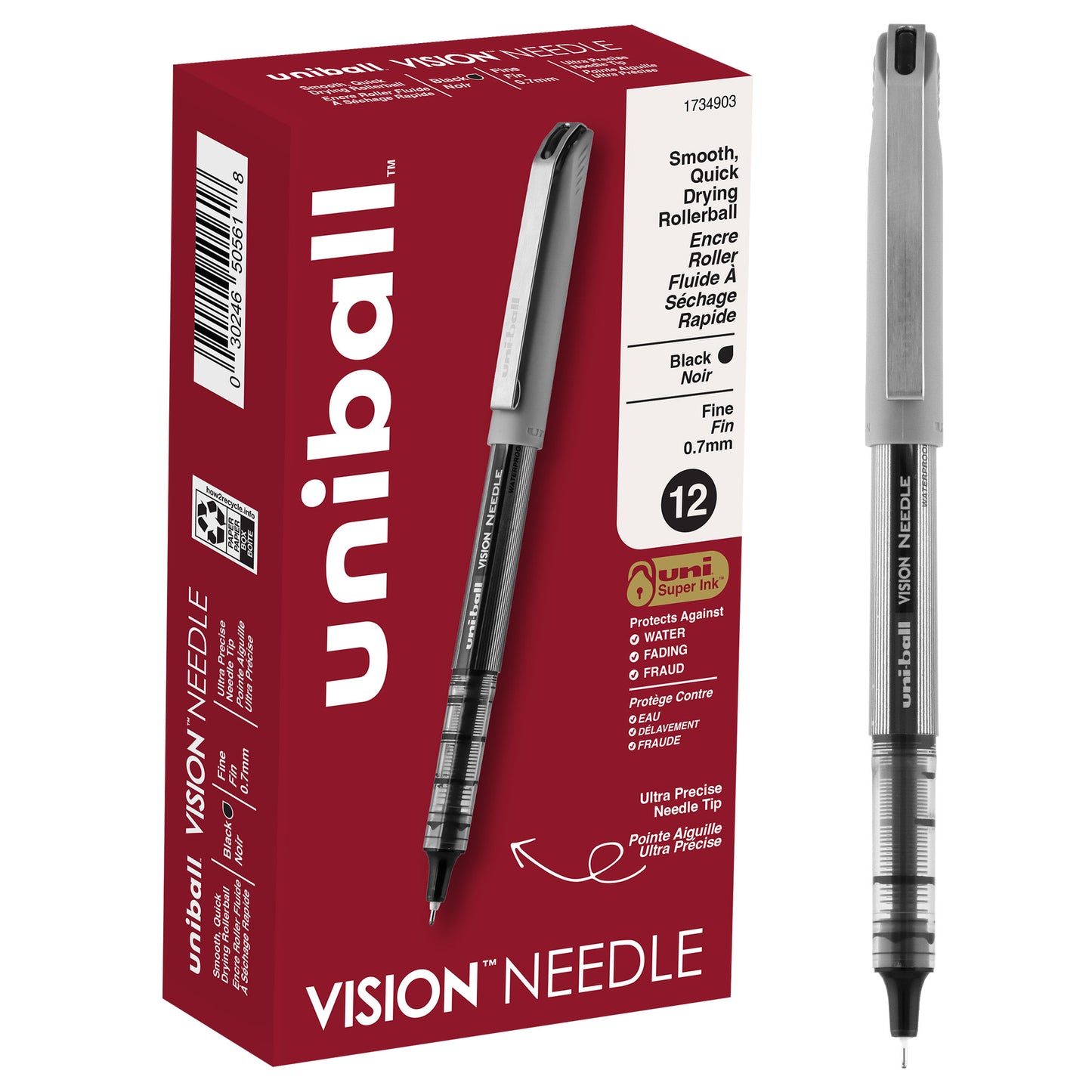 uniball™ Vision Needle Rollerball Pens, Fine Point (0.7mm), Black, 12 Pack