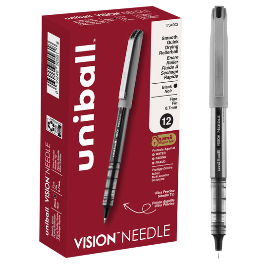 uniball™ Vision Needle Rollerball Pens, Fine Point (0.7mm), Black, 12 Pack